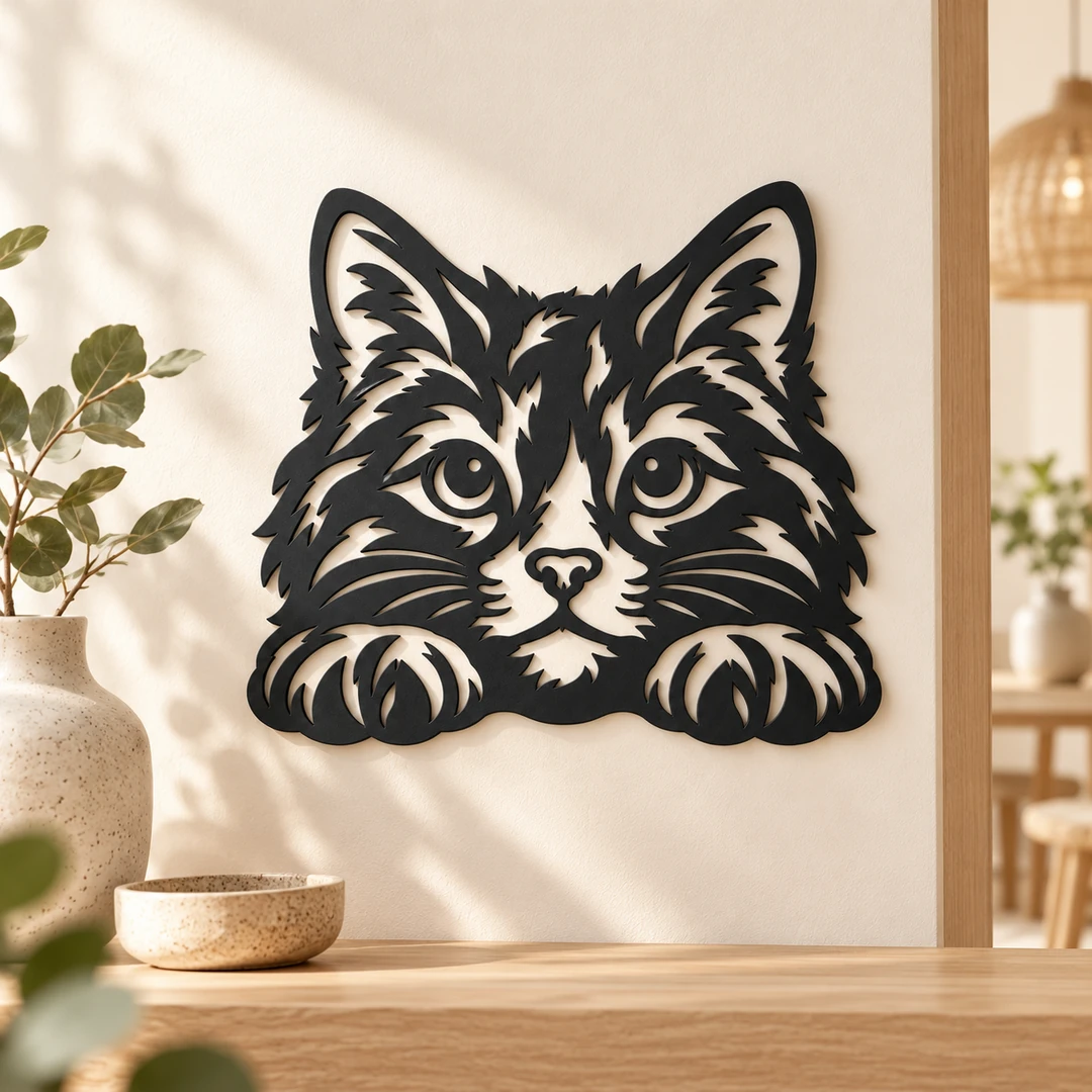 Décoration murale chat noir WallArt2D dans un intérieur contemporain clair