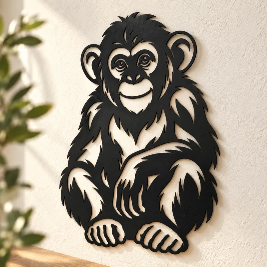 Gros plan du relief et des découpes de la décoration murale Chimpanzé noire