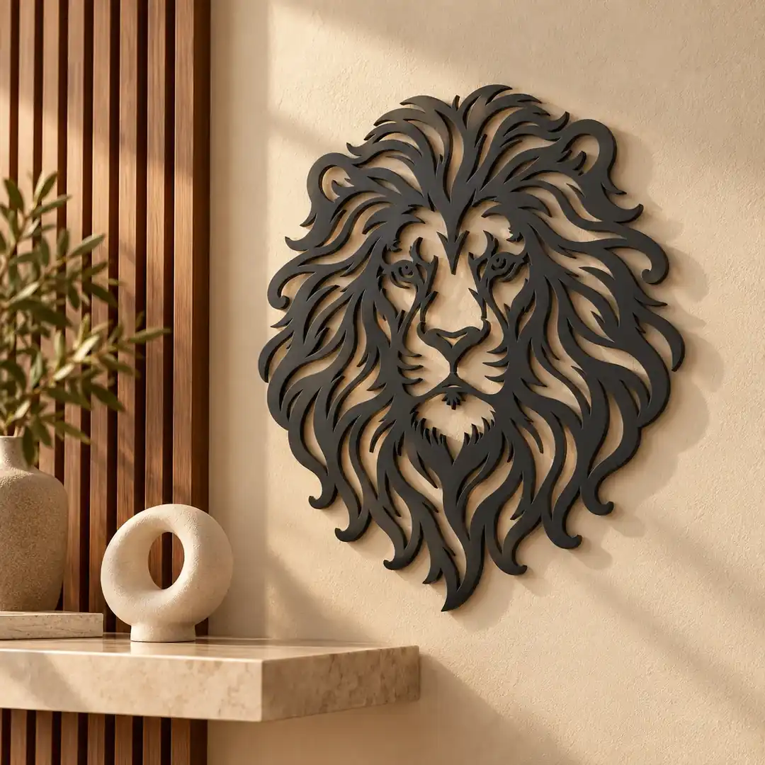 Décoration murale Lion noire, vue en perspective montrant le relief