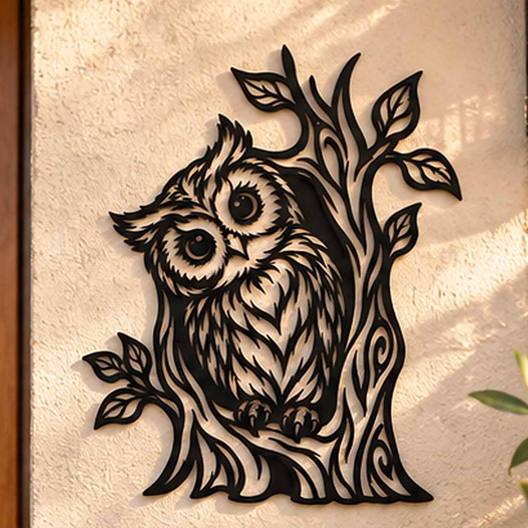 Silhouette murale hibou dans son arbre sur une façade claire, photo d’ambiance