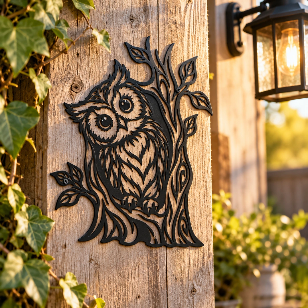 Décoration hibou et branches sur support en bois près d’une lanterne de jardin