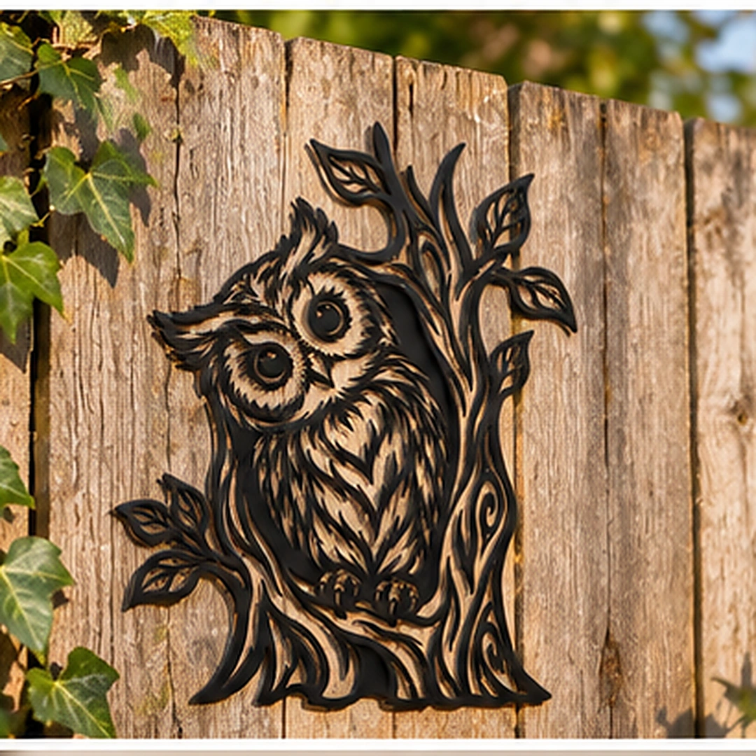 Décoration hibou perché dans un arbre sur une clôture en bois, mise en scène de jardin
