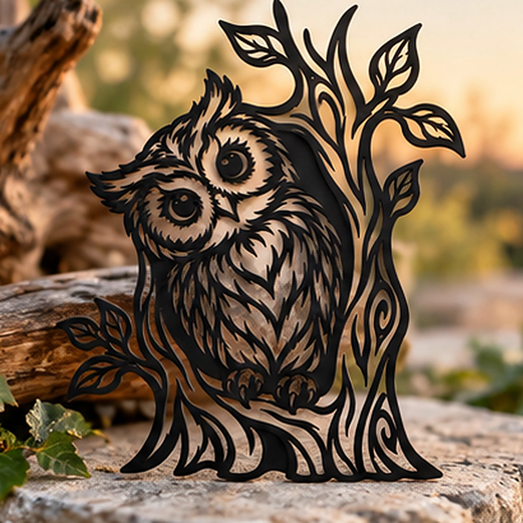 Hibou noir ajouré parmi des rocailles et du bois flotté, mise en scène nature
