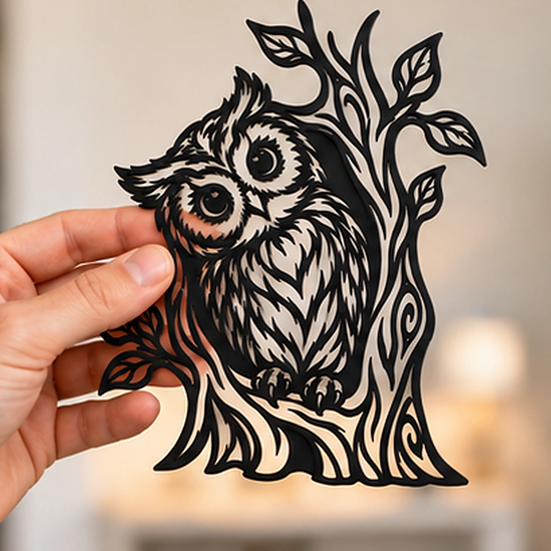 Décoration murale hibou et arbre tenue en main pour montrer les proportions du modèle