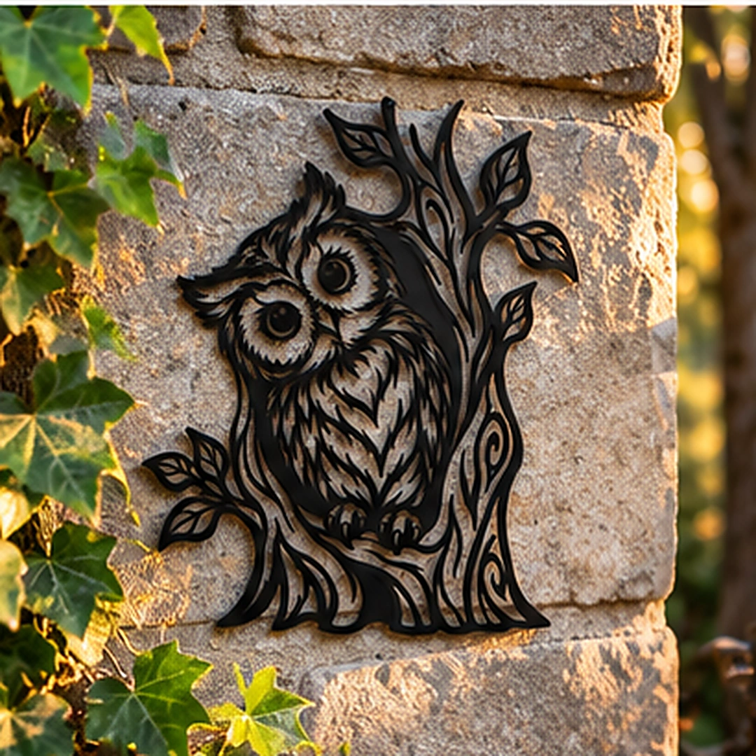 Décoration murale hibou dans son arbre sur un mur en pierre bordé de lierre