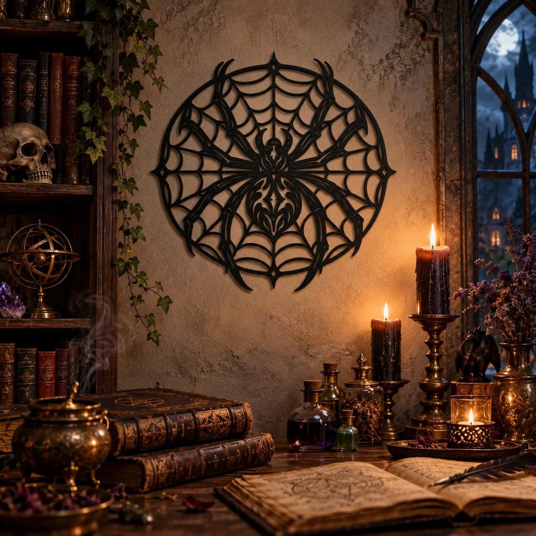 Décoration murale araignée gothique de 23 cm dans un atelier de sorcier fantasy