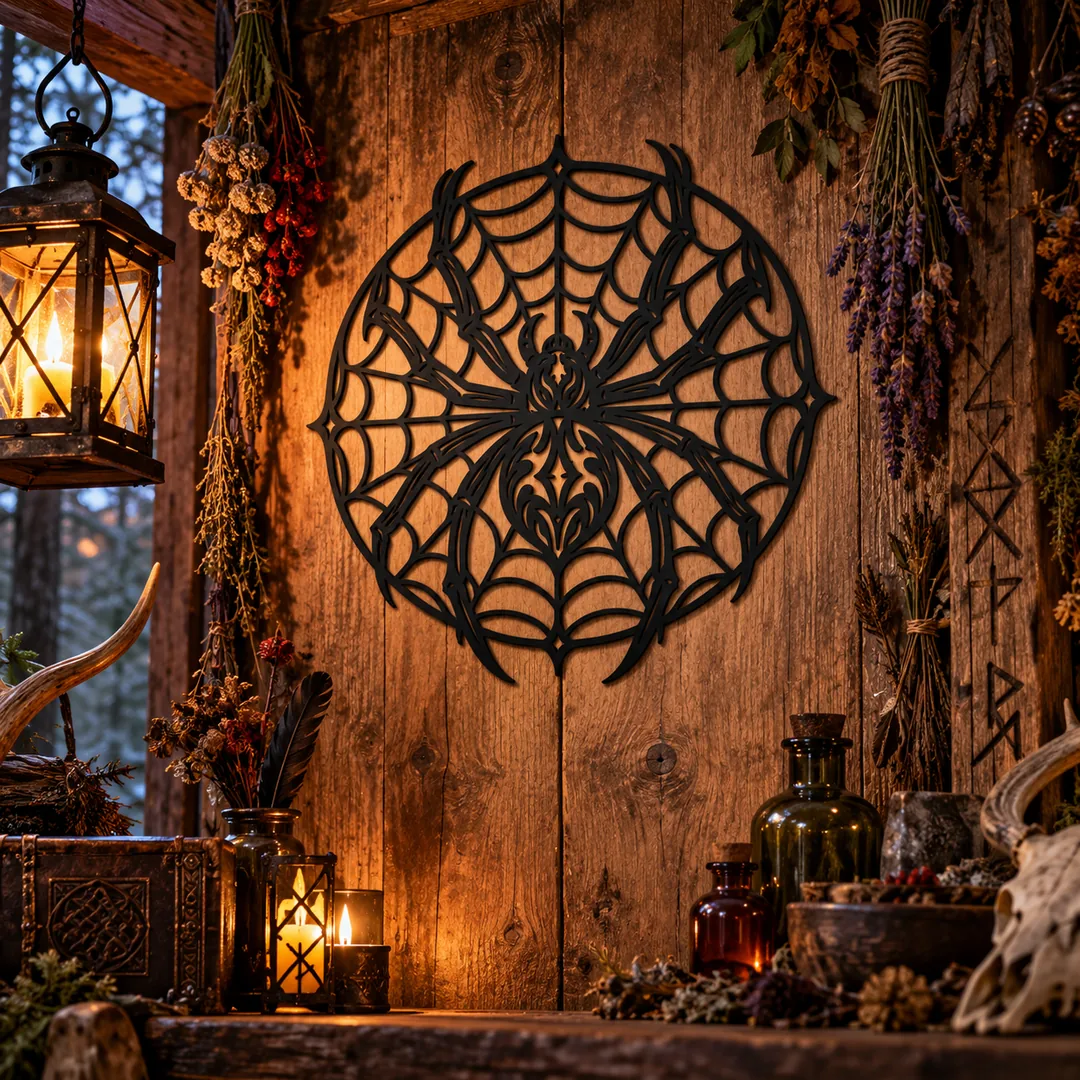 Décoration murale noire araignée et toile de 23 cm dans une cabane mystique fantasy
