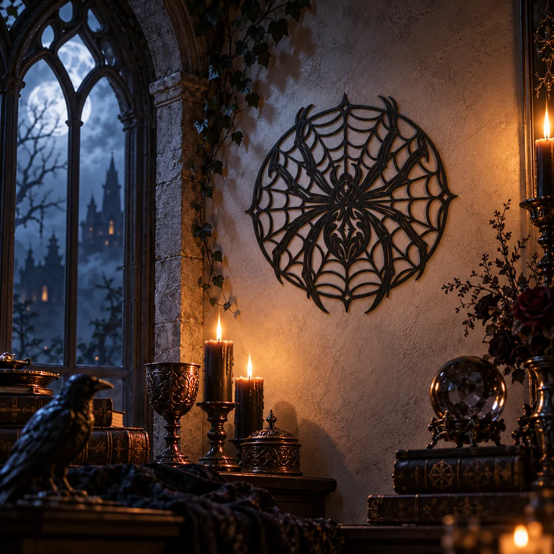 Décoration murale araignée sur toile dans un château gothique fantasy de nuit, format 23 cm