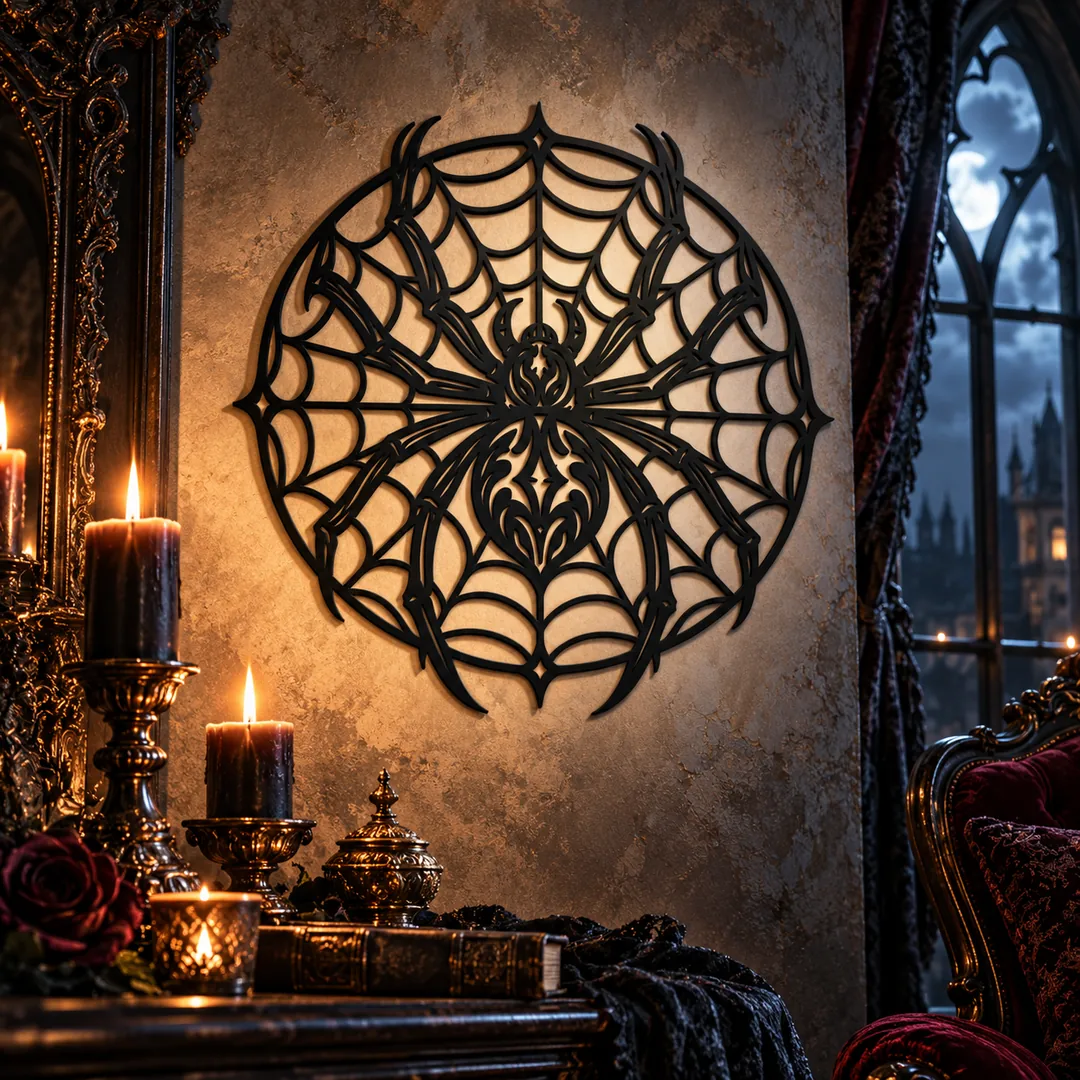 Décoration murale araignée sur toile dans un salon fantasy gothique à la lueur des chandelles