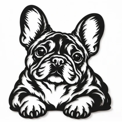 Décoration murale bouledogue français noir mat, portrait aux oreilles dressées et pattes devant