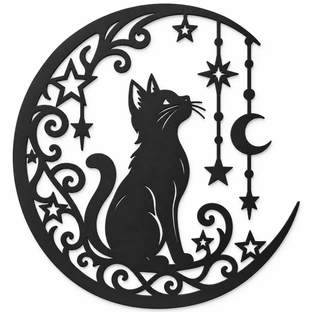 Décoration murale noire chat sous la lune étoilée, motif de chat assis dans un croissant de lune sur fond blanc