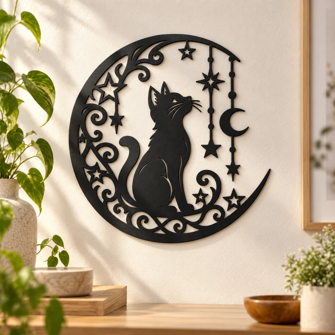 Décoration murale chat sous une lune étoilée fixée sur un mur clair dans un intérieur lumineux