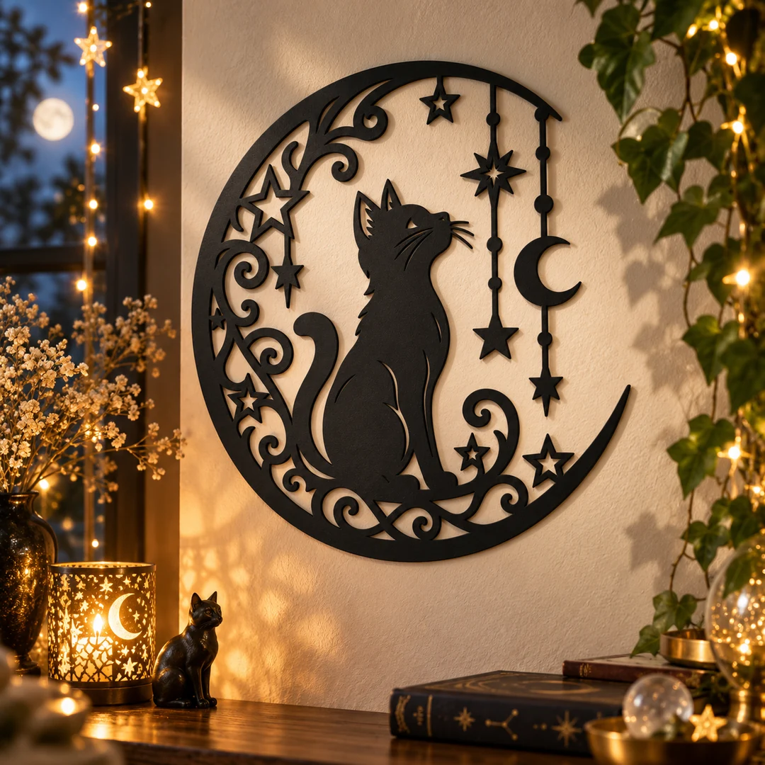 Décoration murale chat lune et étoiles dans un intérieur chaleureux aux lumières célestes