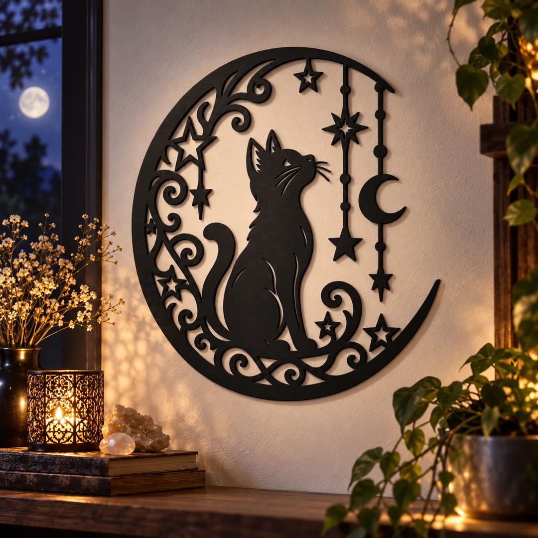 Chat décoratif en silhouette noire au milieu d'une lune étoilée dans une ambiance poétique