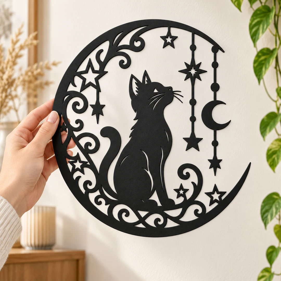 Décoration murale chat sous la lune tenue dans une main pour montrer ses dimensions réelles