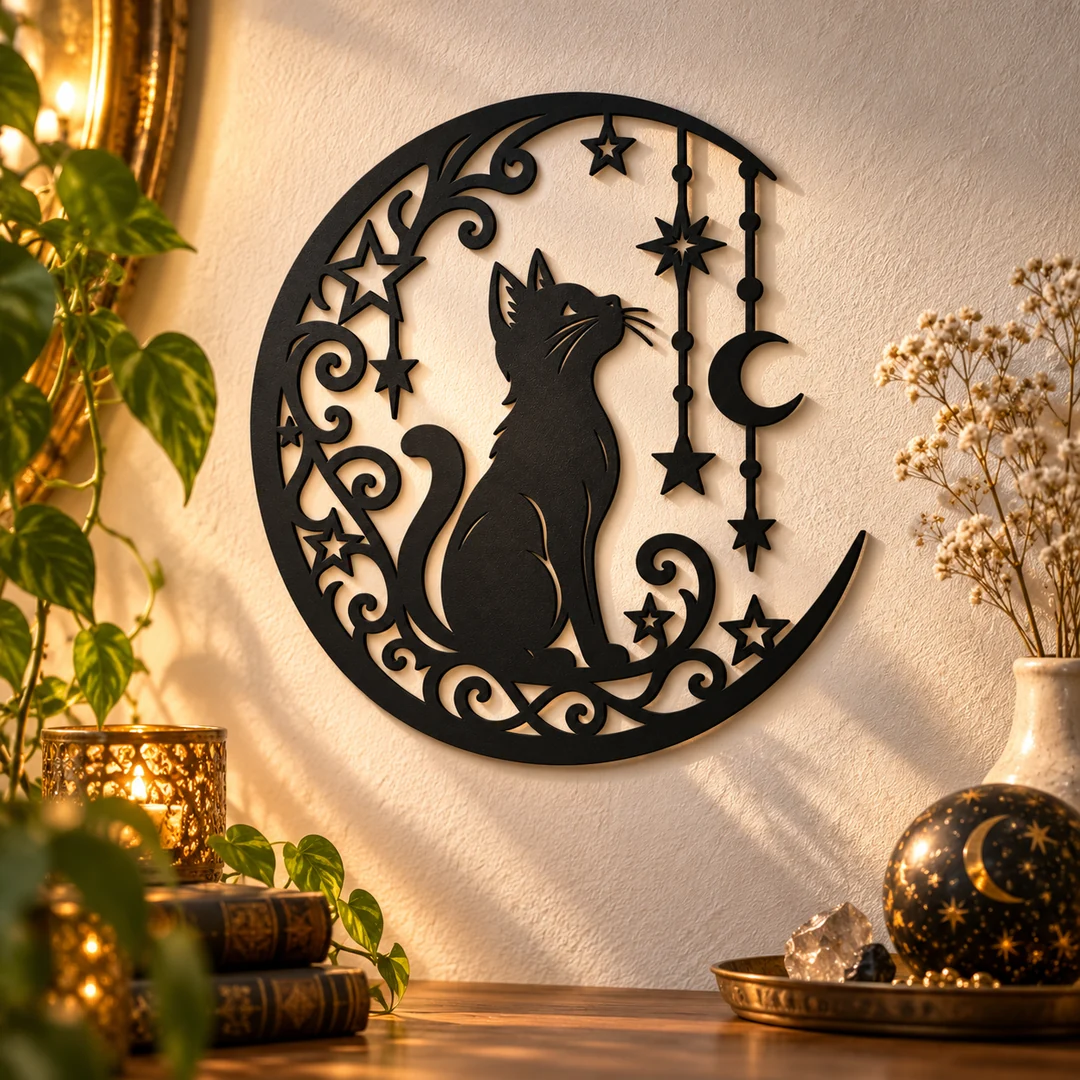 Décoration murale chat sous la lune étoilée dans un décor fantastique aux couleurs chaudes