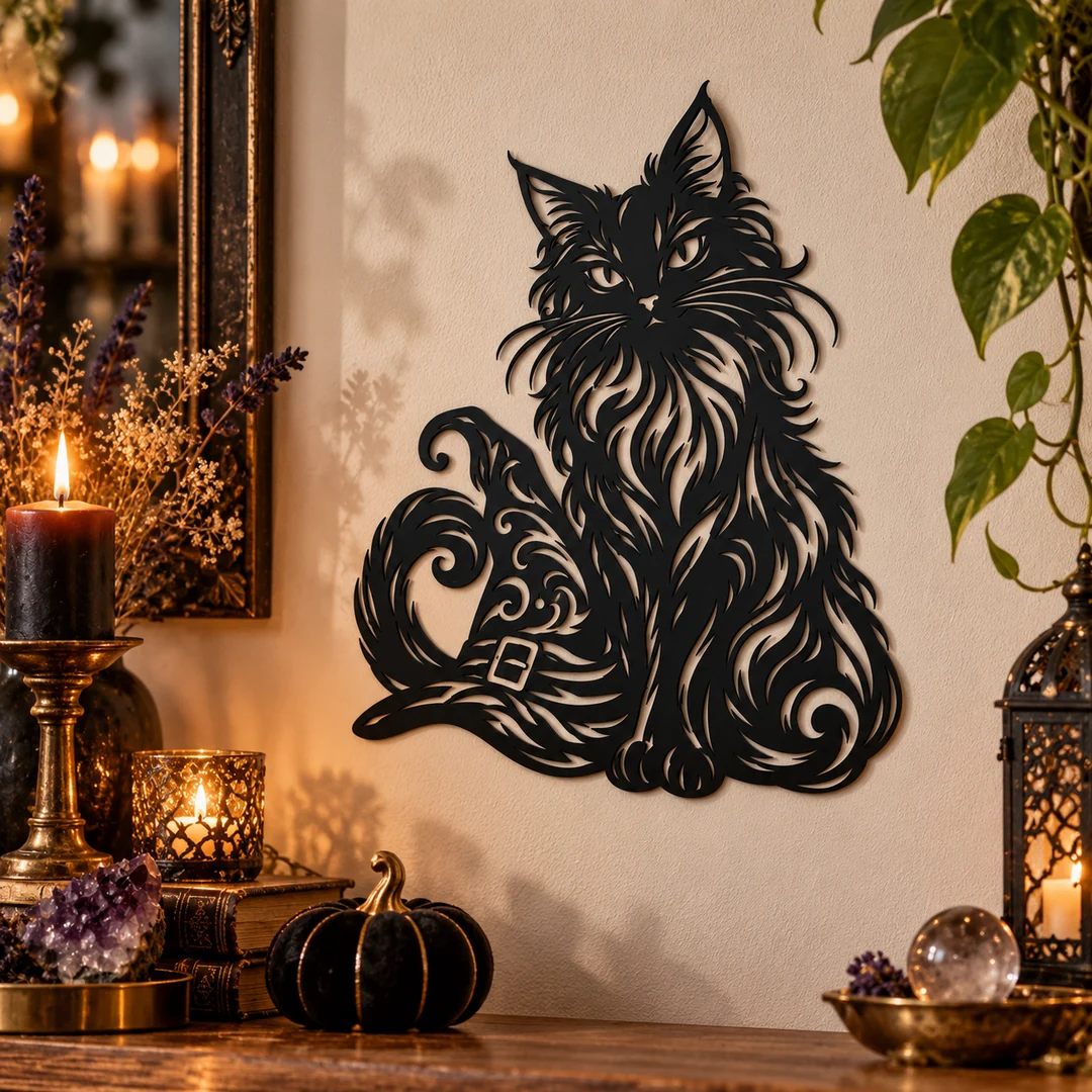 Chat noir et chapeau de sorcière en décoration murale dans un intérieur chaleureux