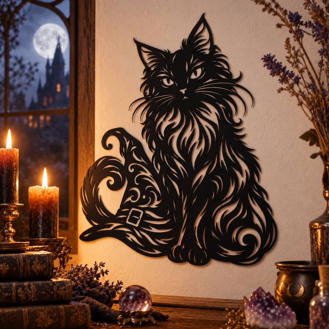 Décoration murale chat noir et chapeau de sorcière dans un décor magique aux chandelles