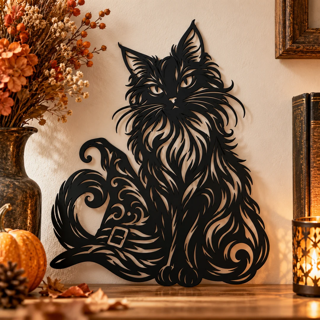 Décoration murale chat noir et chapeau de sorcière dans un décor d'automne