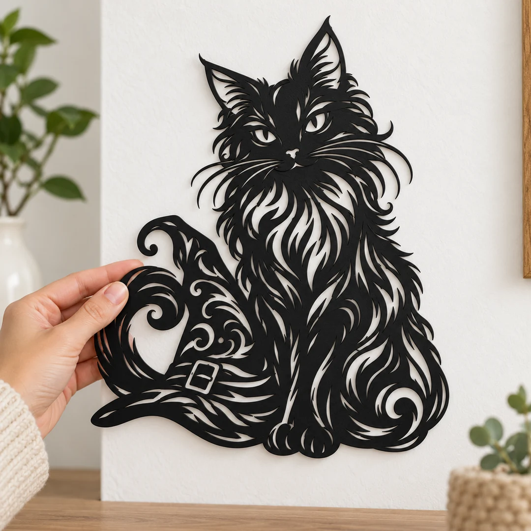 Décoration murale chat noir et chapeau de sorcière avec une main pour visualiser ses dimensions