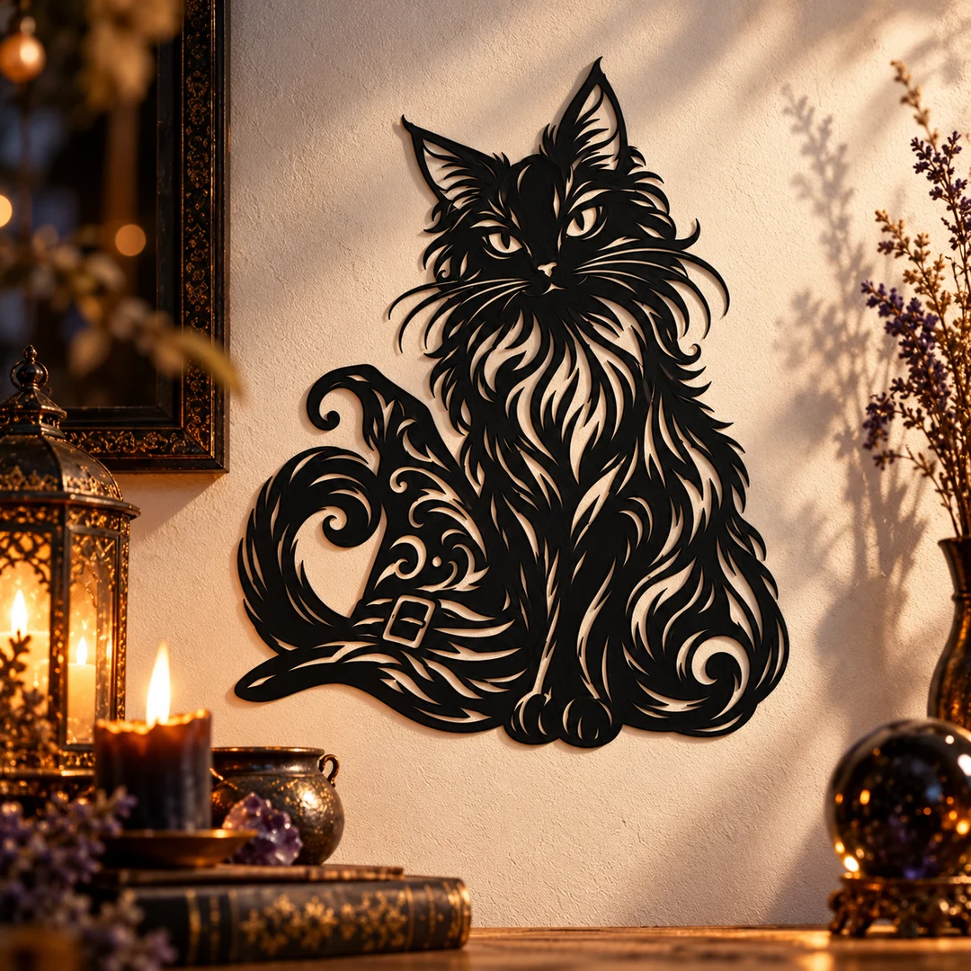 Décoration murale chat noir et chapeau de sorcière dans un intérieur fantastique chaleureux
