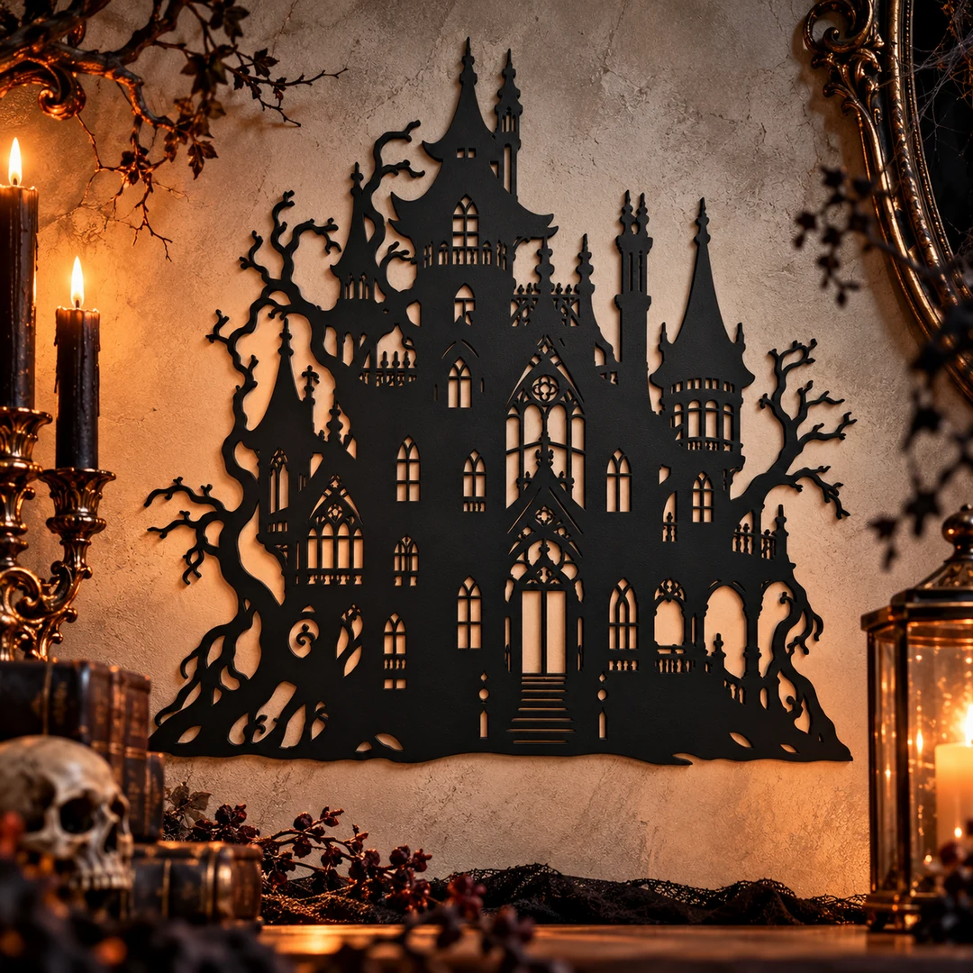 Décoration murale manoir hanté noir, présentation Dark Fantasy
