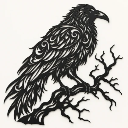 Décoration murale corbeau gothique noir mat perché sur une branche, vue de face