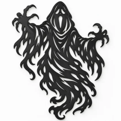 Décoration murale fantôme spectre hurlant noir mat, mains griffues et drapés déchirés, sur fond blanc – WallArt2D