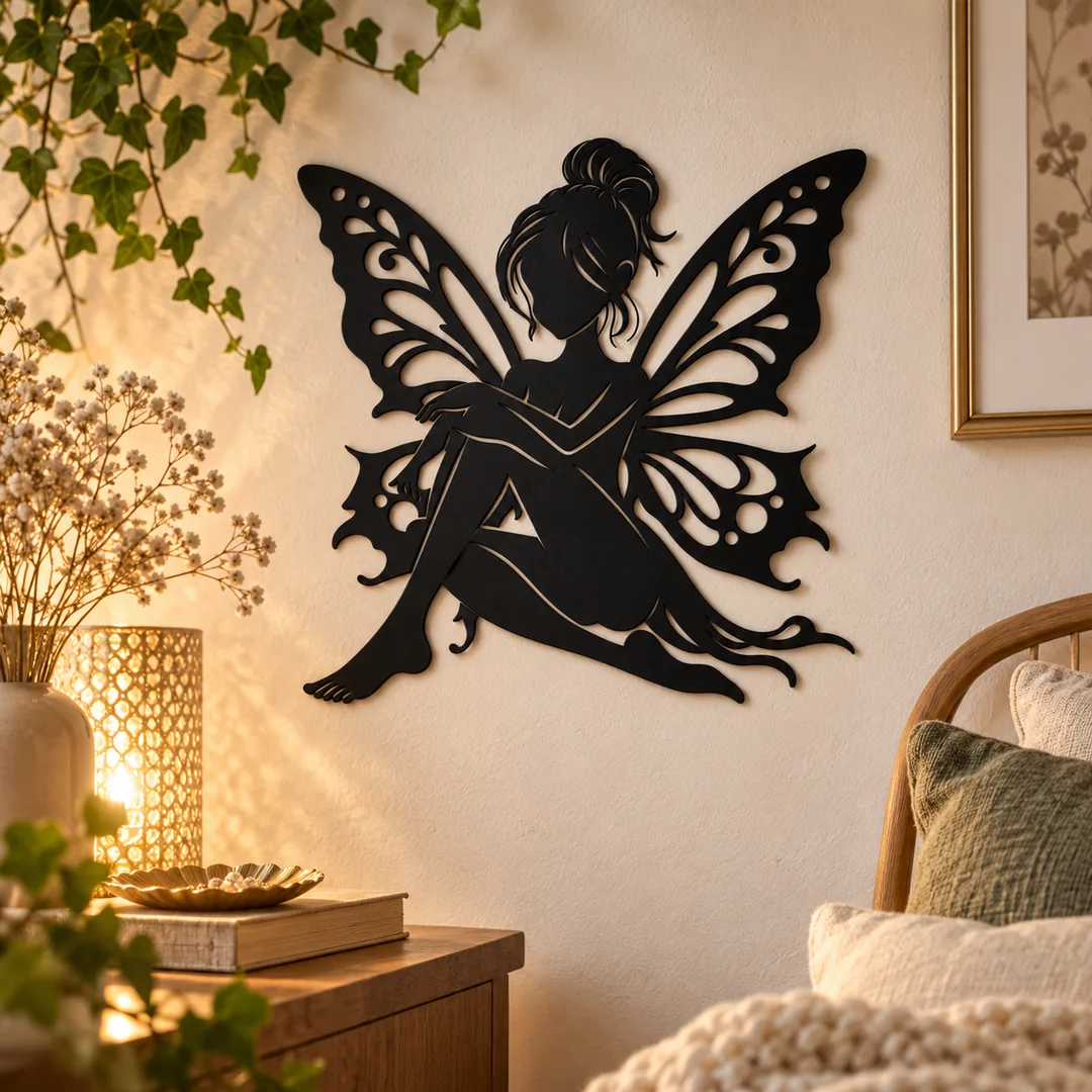Décoration murale fée aux ailes de papillon noire au-dessus d'un coin lecture aux plantes et coussins