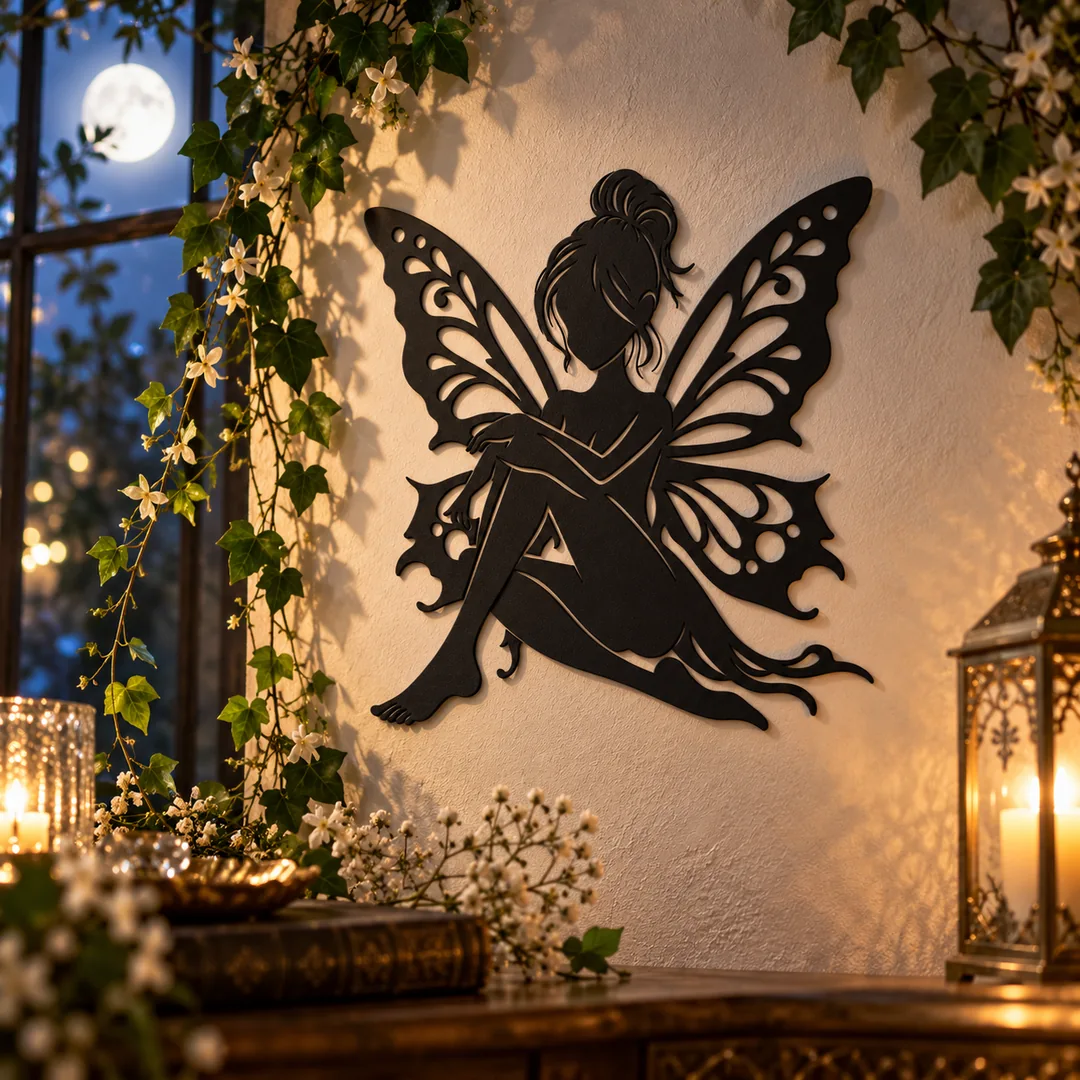 Fée noire aux ailes de papillon sur un mur, décor féerique avec pleine lune, bougies et plantes