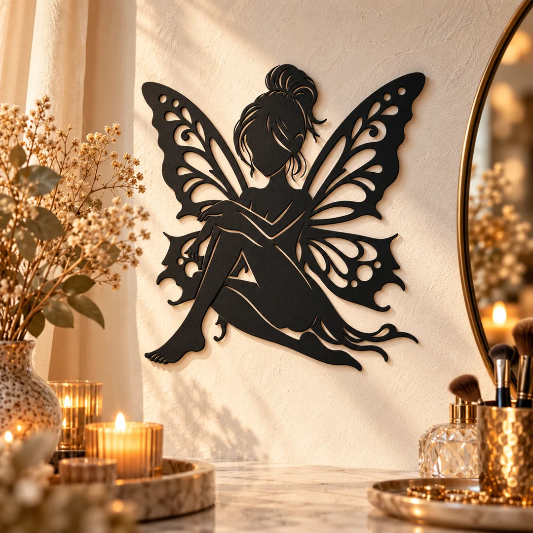 Décoration murale fée assise dans un coin coiffeuse élégant avec fleurs, miroir et bougies