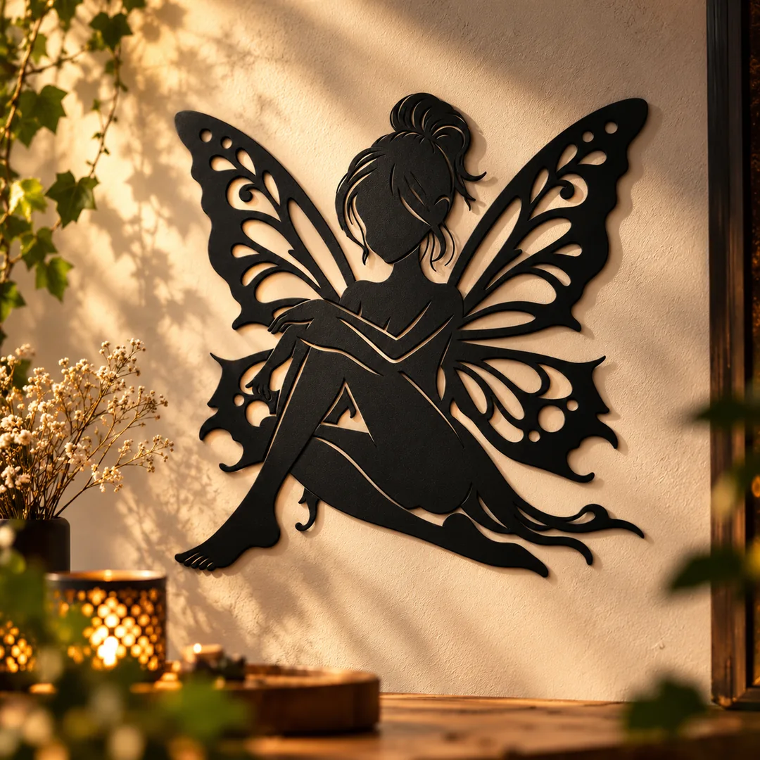 Décoration murale fée aux ailes ajourées installée sur un mur avec lumière dorée, plantes et bougies