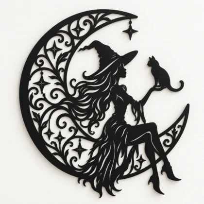 Décoration murale sorcière assise sur une lune croissante, chat sur la main et étoiles, fond clair