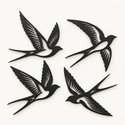 Lot de 4 hirondelles murales noires aux ailes ajourées, quatre silhouettes séparées sur fond clair – WallArt2D