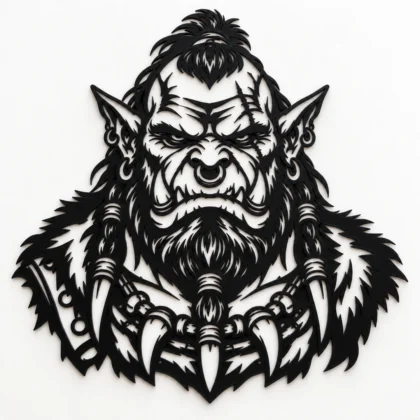 Portrait d’orc stylisé en décoration murale noire mate, présenté sur fond blanc