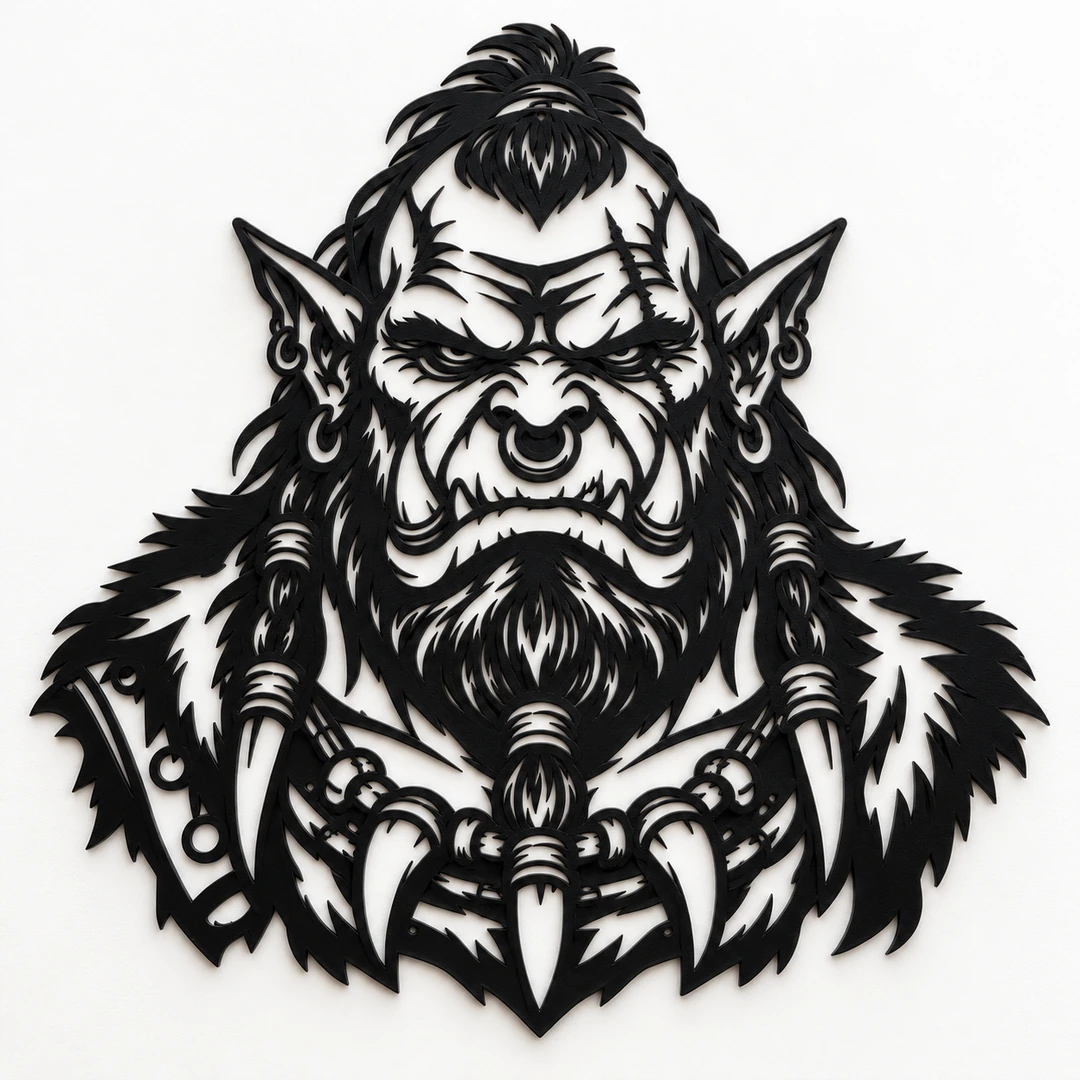 Portrait d’orc stylisé en décoration murale noire mate, présenté sur fond blanc