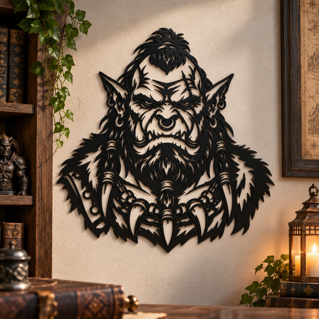 Portrait d’orc en silhouette noire utilisé comme décoration murale dans un intérieur