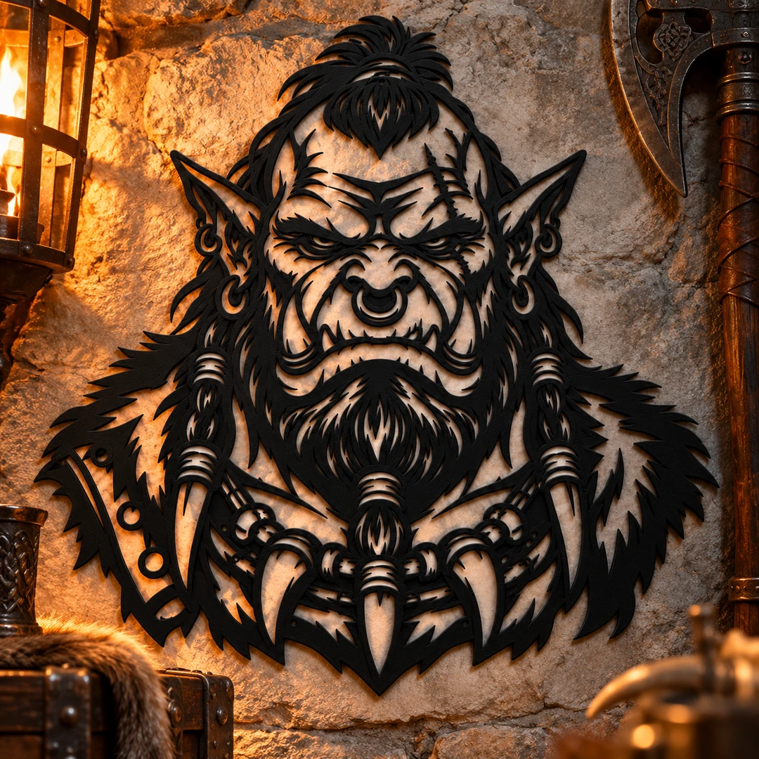 Décoration murale portrait d’orc noir mat mise en scène dans un décor élégant