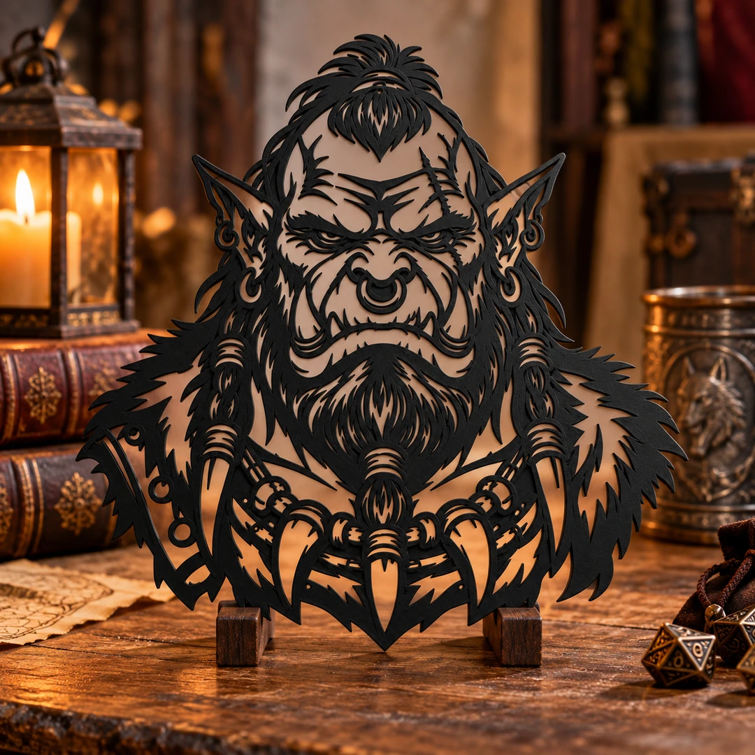 Portrait d’orc décoratif intégré dans une composition murale inspirée de la fantasy