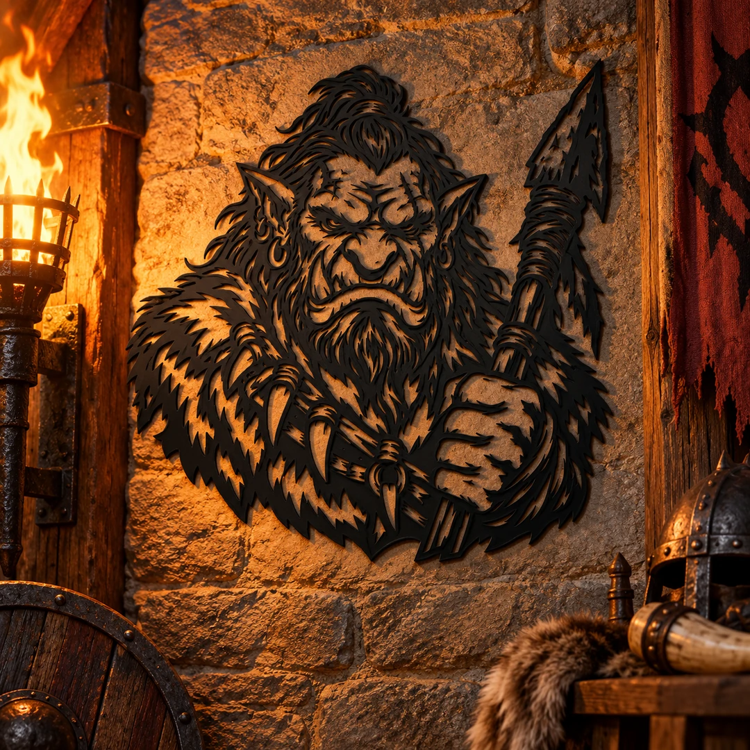 Silhouette noire d’un orc armé d’une lance dans un décor médiéval fantastique