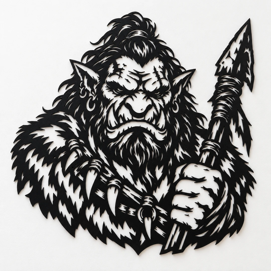 Décoration murale orc guerrier tenant une lance en plastique noir mat sur fond blanc