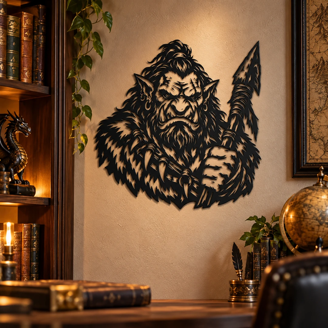 Décoration murale orc guerrier à la lance installée dans un intérieur fantasy