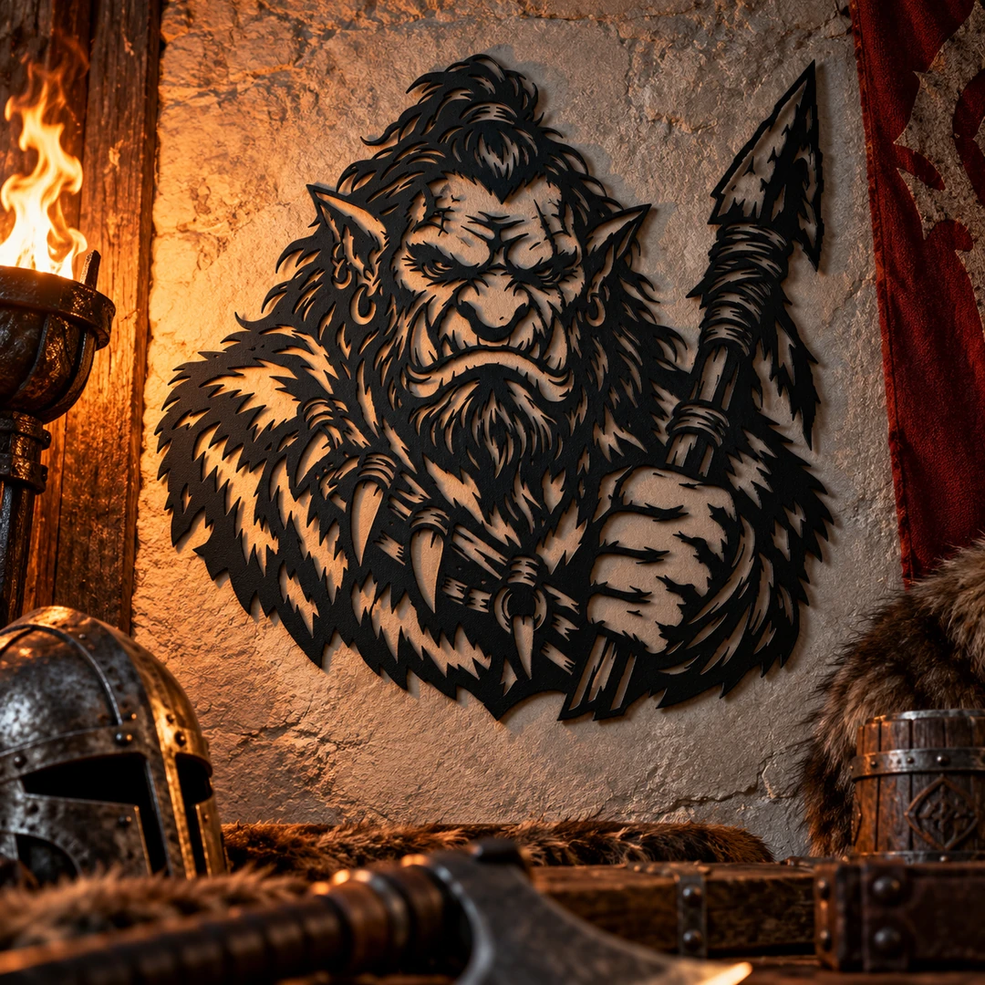 Orc lancier en silhouette noire mate présenté dans une mise en scène décorative