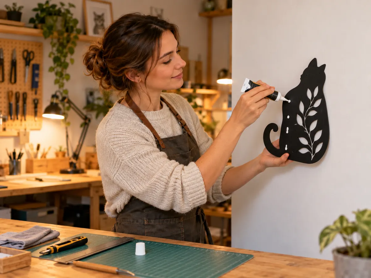 Application de colle au dos d’une décoration murale