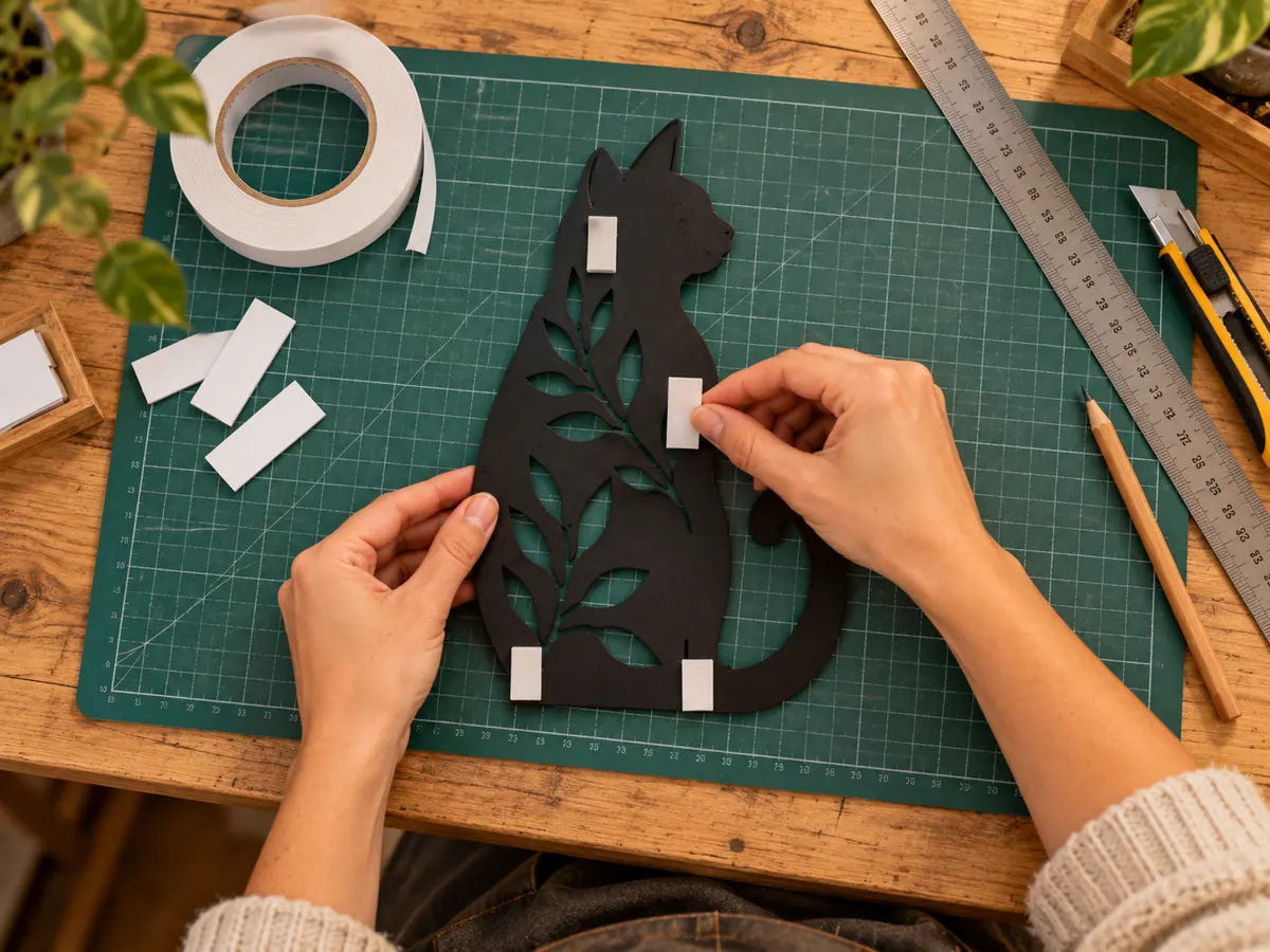 Vue du dessus : application de bandes double face sur la silhouette