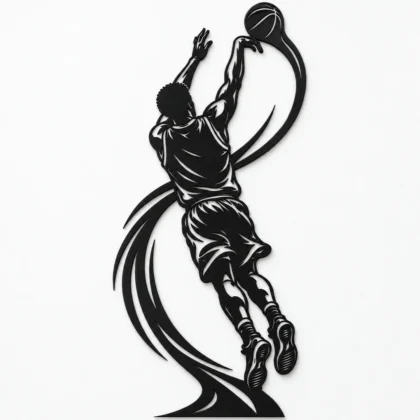 Décoration murale basketteur tir à trois points, silhouette noire mate sur fond blanc