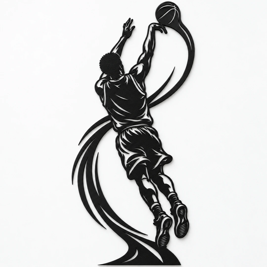 Décoration murale basketteur tir à trois points, silhouette noire mate sur fond blanc