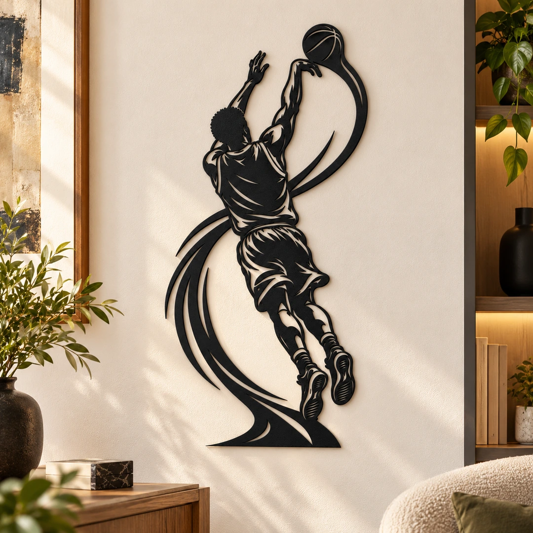 Basketteur en suspension au tir à trois points, décoration murale noire