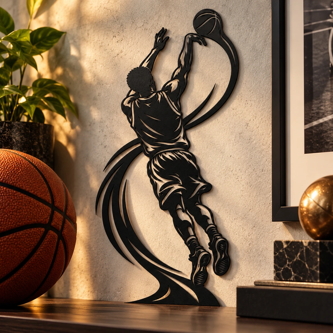 Basketteur au tir à trois points : silhouette murale dans un décor contemporain