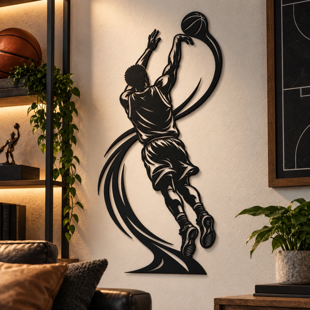 Silhouette décorative basketteur en train de shooter à trois points, présentation premium